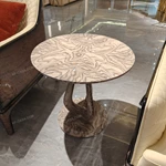 Round Sofa Side Table with Radial Natural Wood Veneer Top Sculptural Loop Pedestal and Circular Base